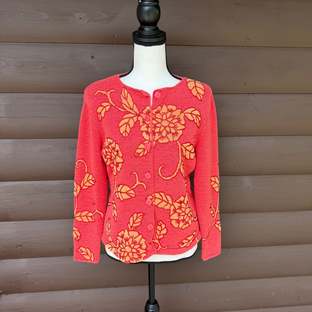 Vtg Talbots Floral Cardigan Sweater Womens Medium Petites Coral Pink Orange Knit
